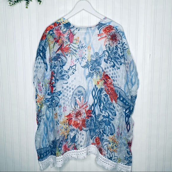 Chico’s NWOT Ikat Paradise Ruana linen fringe kimono coverup top Small/Medium - Picture 6 of 13